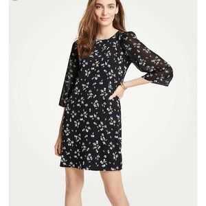 Ann Taylor black floral chiffon sleeve dress, 0